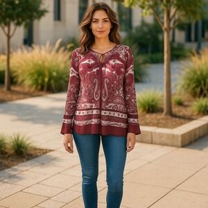 Tribal Women's Paisley Print Blouse, Tie Neckline, Long Sleeve,M Bohemian EUC